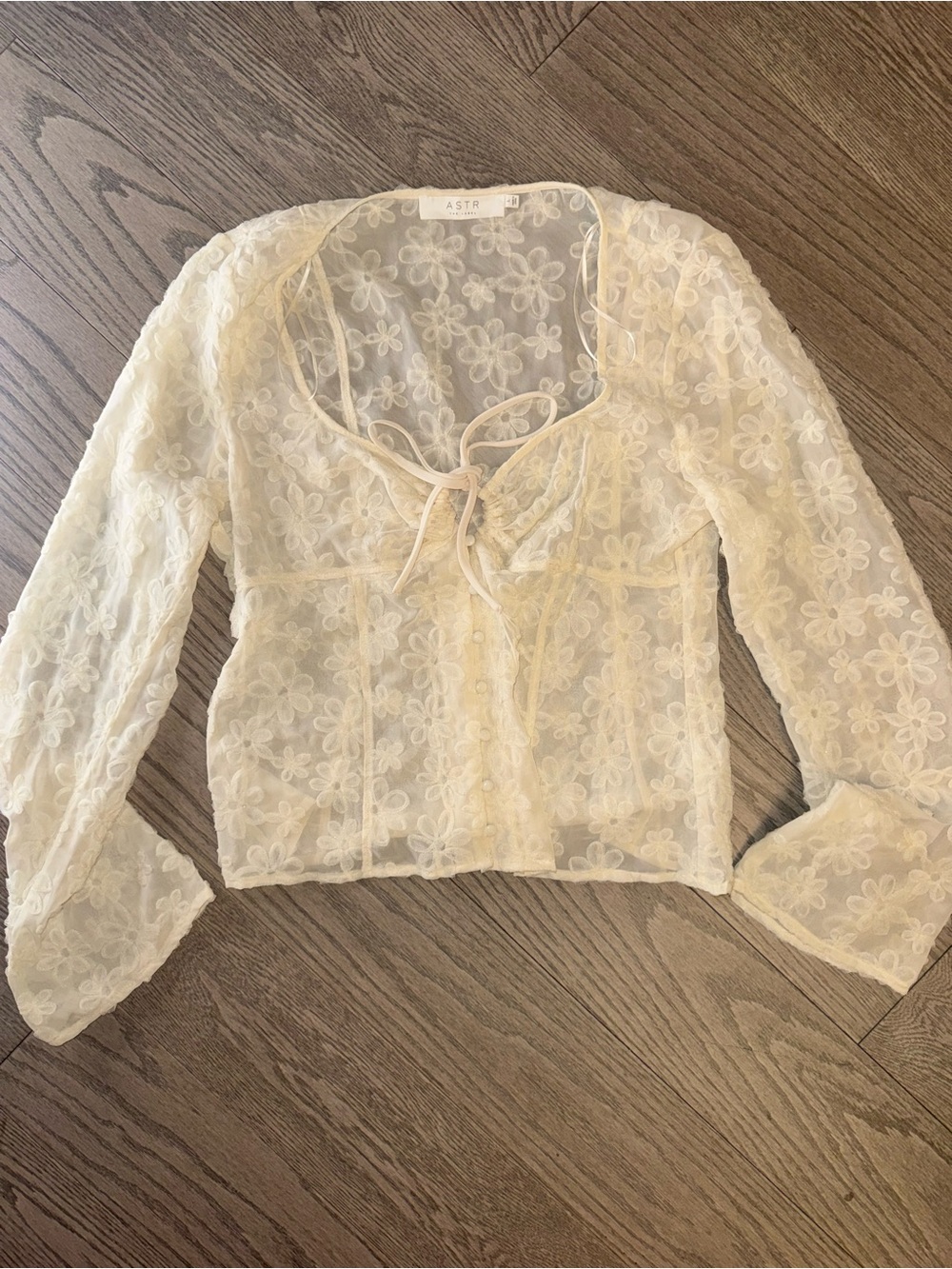 ASTR Cream Sheer Floral Lace Tie-Front Blouse